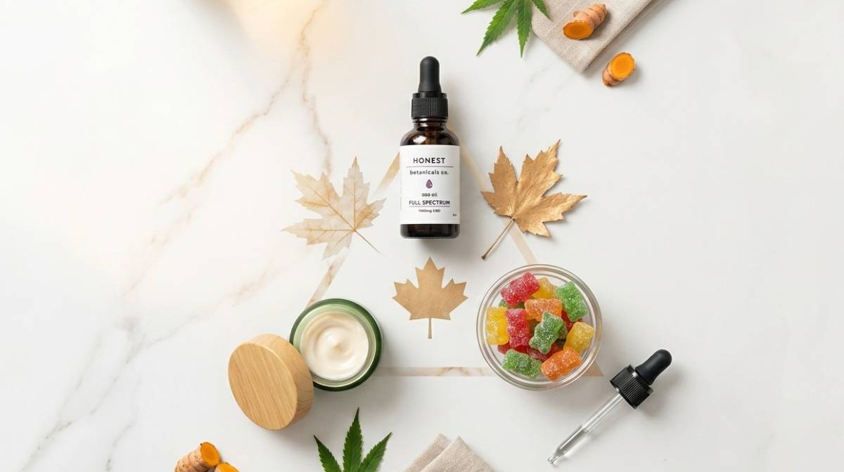 CBD gummies, oil tincture, and cream arranged on marble surface with Canadian maple leaves — comparing CBD product types