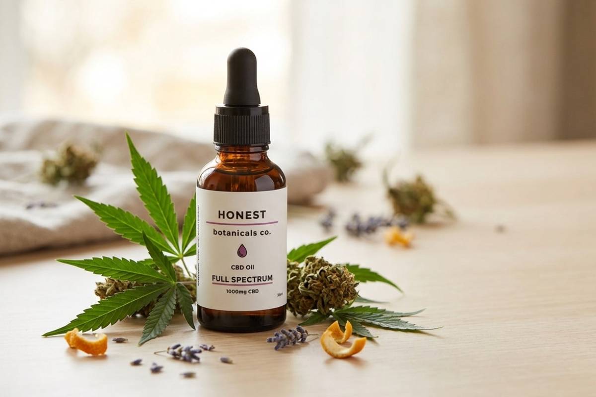 Full spectrum CBD oil tincture by Honest Botanicals surrounded by hemp leaves, lavender, and citrus - natural Canadian CBD wellness
