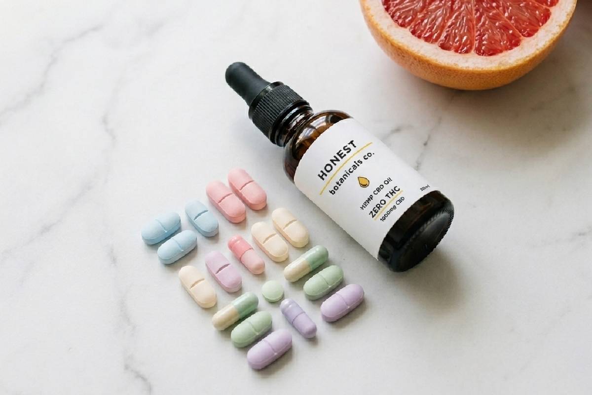 CBD oil bottle with colourful prescription pills showing potential drug interactions