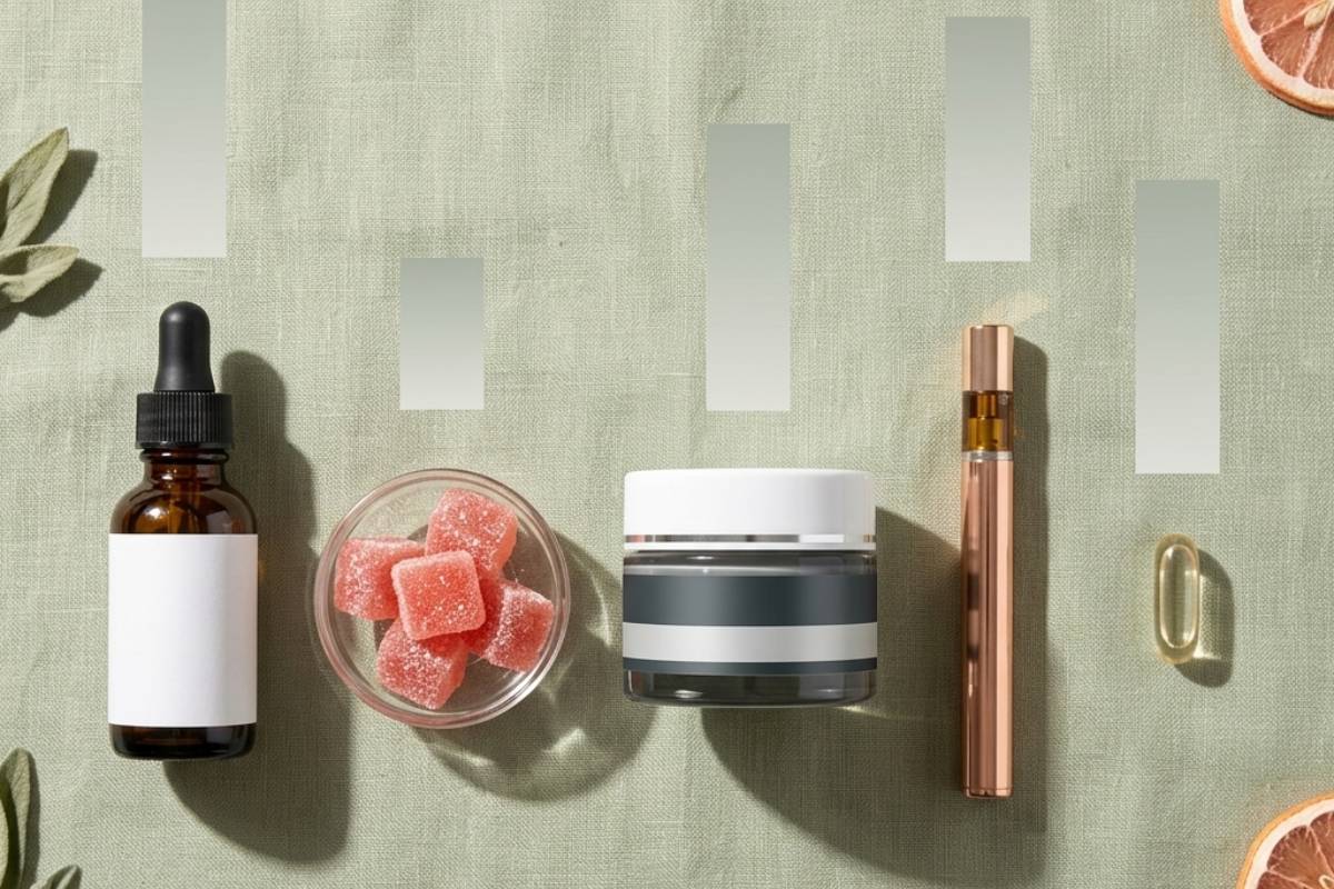 Assorted CBD products including gummies cream and roll-on comparing CBD and THC product formats