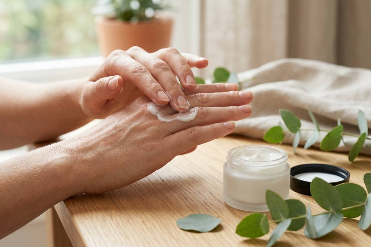 Hands applying CBD cream from a jar with eucalyptus leaves for arthritis relief