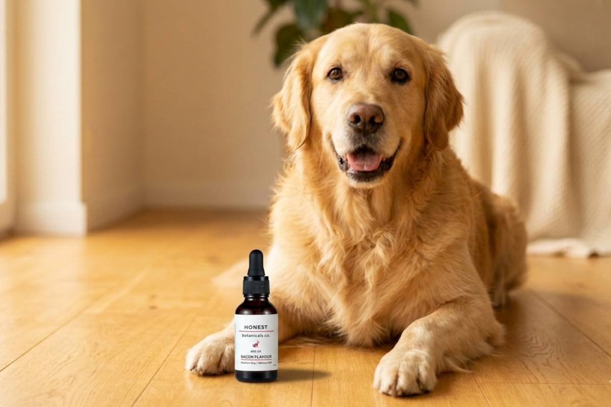 Golden retriever sitting next to a bottle of CBD oil for pets