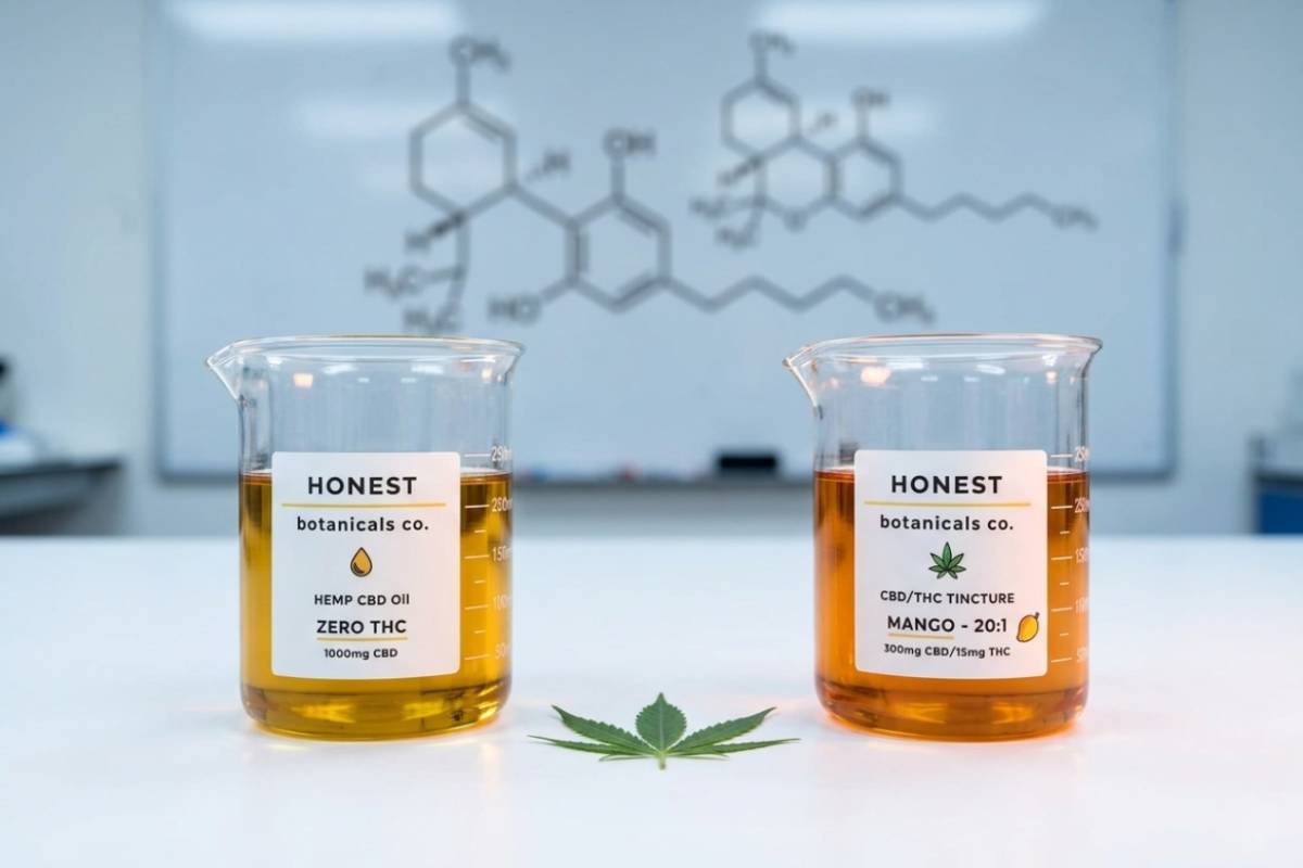 Laboratory beakers with CBD oil and molecular structure diagram showing bioavailability science