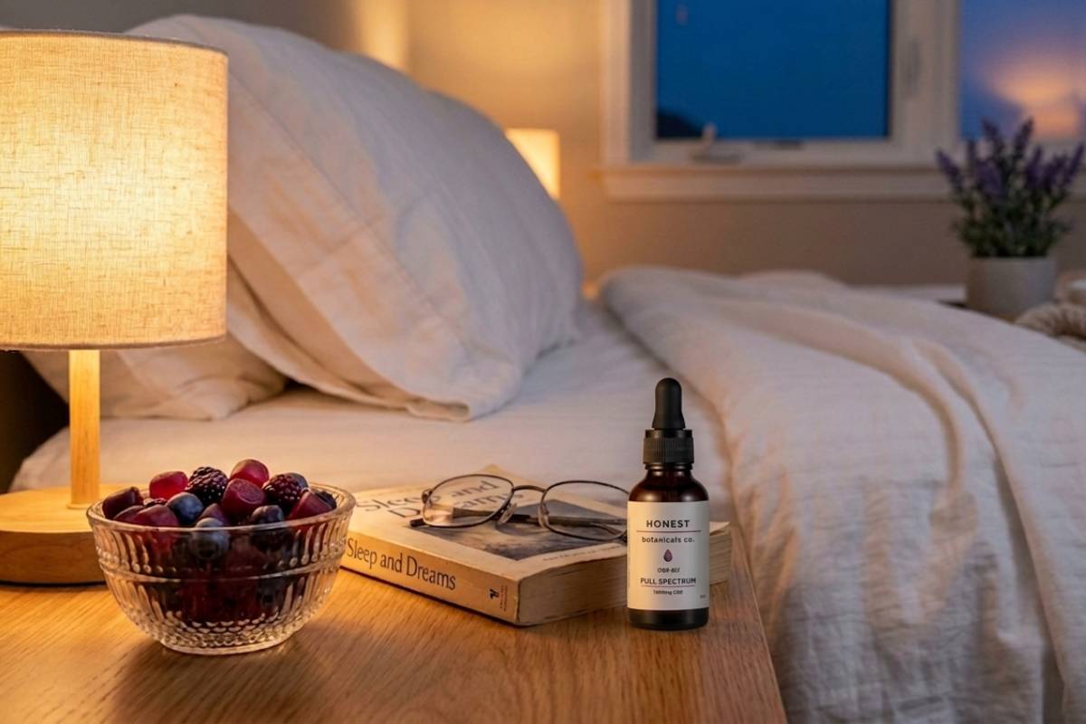 CBD oil bottle on a bedside table with berries and a Sleep and Dreams book