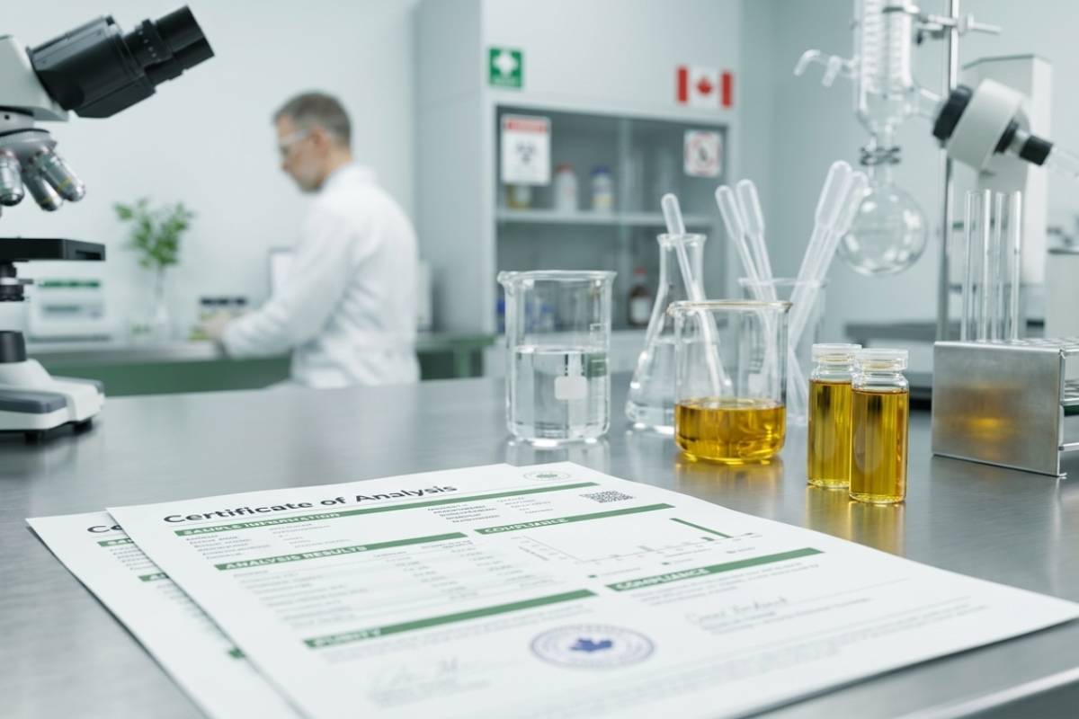 Two full spectrum CBD oil bottles with hemp leaves and dried flowers for comparing CBD types