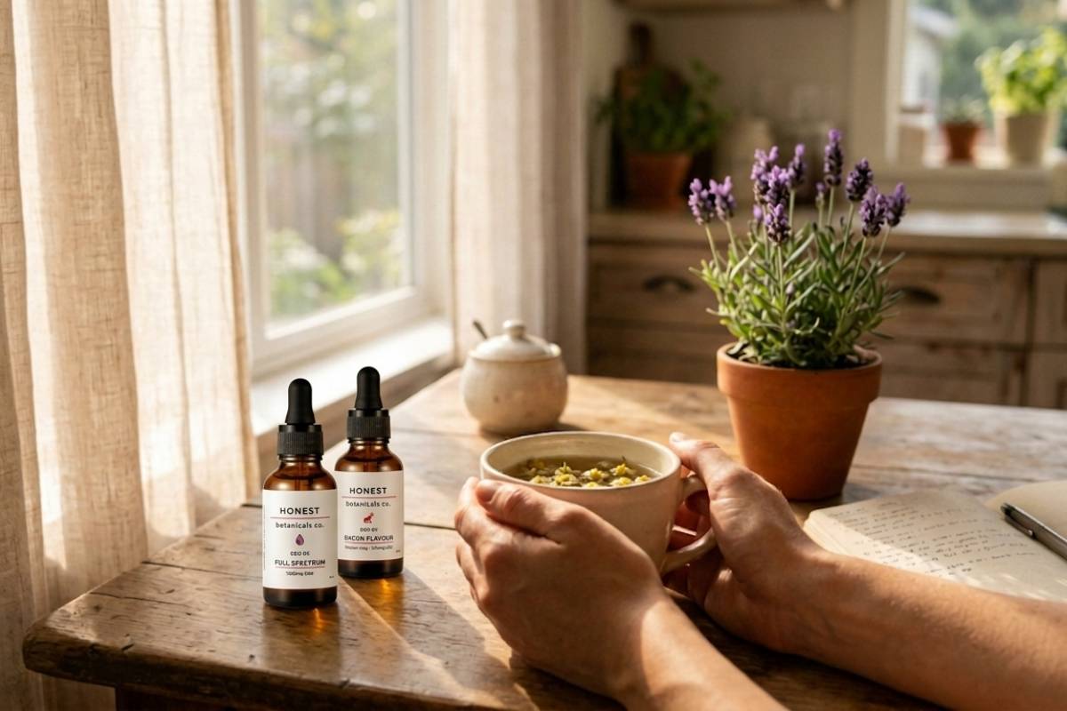 Person holding chamomile tea with two CBD oil bottles and plants representing the entourage effect